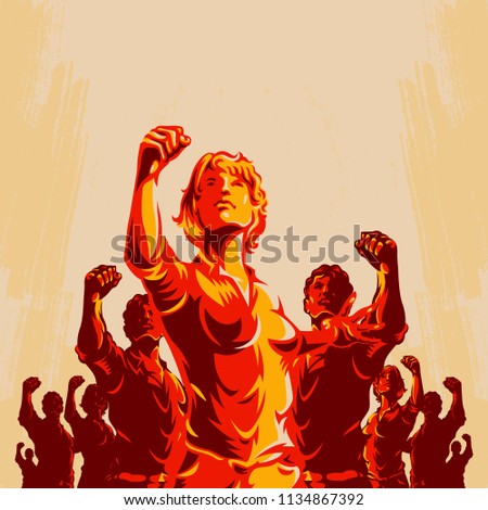 Crowd protest fist revolution poster design. Women leader in front of a crowd. Propaganda Background Style.