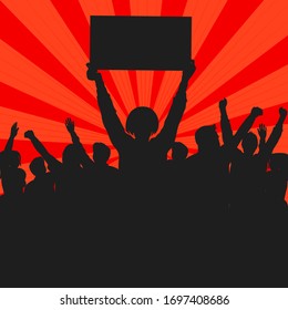 Silueta de protesta colectiva sobre fondo retro rojo. Gente en manifestación con vectores de pancartas.
