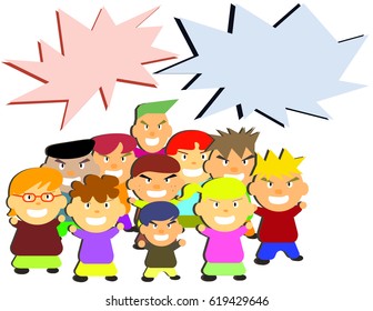 crowd protest something. people revolt and shout . maybe they strike for some requirement on labor day. cute colorful cartoon character with empty balloon copy space for edit text. vector eps10