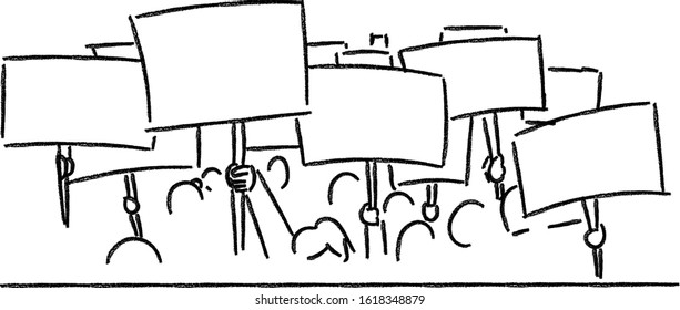 Crowd of protesters concept,human rights,blank sign,hand drawn crayon illustration,vector 