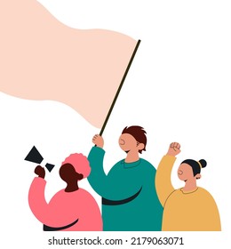 Crowd of protesters with fist raised and megaphone and flag at demonstration. Place for text. Vector illustration