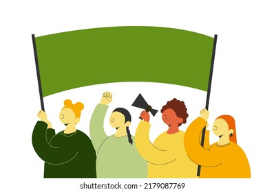 Crowd of protesters with fist raised and megaphone and flag at demonstration. Place for text. Vector illustration