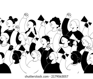 Crowd of protesters with fists in the air and megaphones at a demonstration. Black and white flat vector illustration