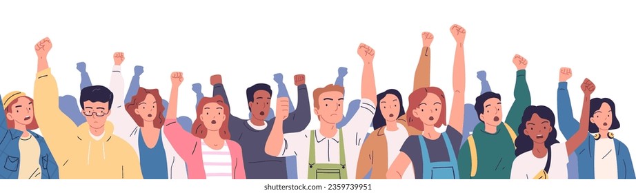 Crowd protesters fists. Angry protester with fist up on political demonstration strike or revolution, protesting anger people raise hand, democracy power classy vector illustration