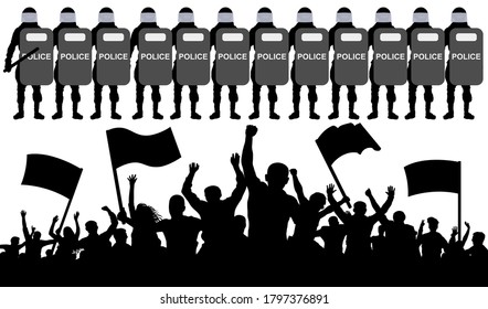 Crowd of protesters with flags against the police. Silhouette vector illustration