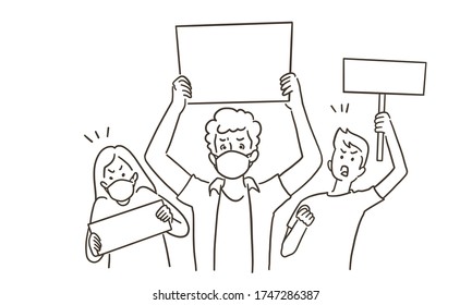 The crowd of protesters holding banners and placards,  Protest, revolution, or conflict concept, hand-drawn line art style vector illustration.
