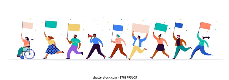 Crowd of protesters holding banners and placards. Political meeting, march, demonstration, parade. Group of men and women activists. Vector illustration