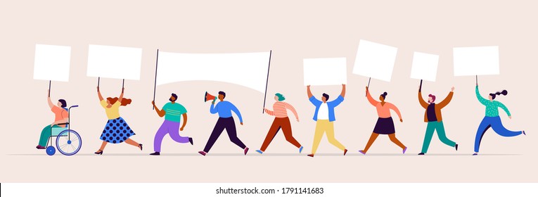 Crowd of protesters holding banners and placards. Political meeting, march, demonstration, parade. Group of men and women activists. Vector illustration