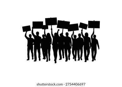 Crowd of protesters holding blank placards silhouette - Demonstration march group with protest signs silhouette