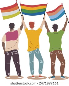 Multitud de manifestantes sosteniendo banderas. Encuentro político, marcha, manifestación, desfile, orgullo, LGBT. Grupo de hombres activistas. Concepto de donación y voluntariado. Ilustración vectorial en estilo plano de dibujos animados