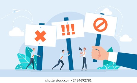 Crowd of protesters people. Concept of revolution or protest. Protesting people. Angry protester men, women holding no sign placards, megaphone on demonstration or rally. Vector illustration