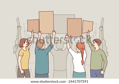 Crowd protesters people with placards oppose political changes or violation of rights. Brave environmental protesters take part in street rally against carbon footprint of climate change