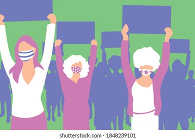 CROWD of PROTESTERS - people protesting & wearing stylish medical masks. VECTOR illustration - People with banners and placards. Concept of REVOLUTION or protest, Diversity, Equality, Strong. EPS10.