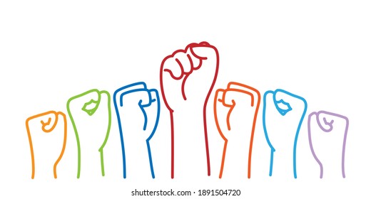 Crowd of protesters people. Raised colored fists. Hand drawn vector illustration.