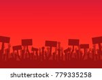 Crowd of protesters people. Silhouettes of people with banners and megaphones. Concept of revolution or protest. Vector