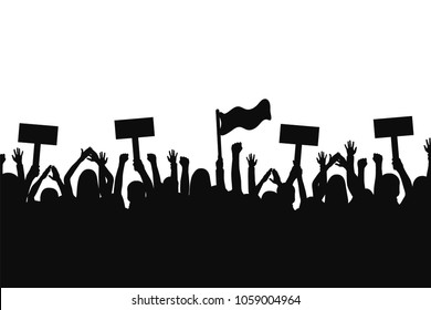 Crowd Of Protesters People. Silhouettes Of People With Banners And With Raised Up Hands. Concept Of Revolution And Political Or Social Protest. Vector