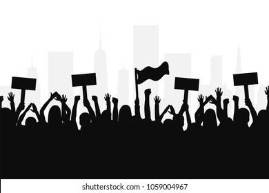 Crowd of protesters people. Silhouettes of people with banners and with raised up hands. Concept of revolution and political or social protest. Vector