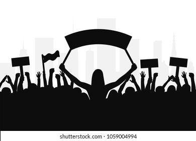 Crowd of protesters people. Silhouettes of people with banners and with raised up hands. Concept of revolution and political or social protest. Vector
