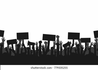 Crowd of protesters people. Silhouettes of people with banners and megaphones. Concept of revolution or protest. Vector