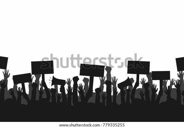 Crowd of protesters people. Silhouettes of people\
with banners and megaphones. Concept of revolution or protest.\
Vector