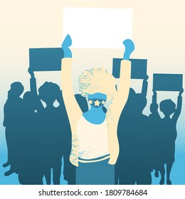 Crowd of protesters people vector illustration. People with banners and placards. Concept of revolution or protest, diversity, women`s power. EPS10.