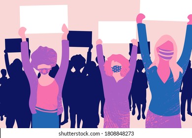 Crowd of protesters people wearing stylish medical masks vector illustration. People with banners and placards. Concept of revolution or protest, diversity, women's power. EPS10.