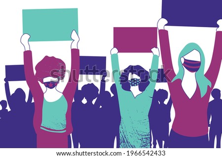 Crowd of protesters people wearing stylish medical masks vector illustration. People with banners and placards. Concept of revolution or protest, diversity, women's power. EPS10.