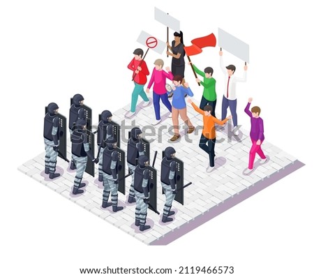 Crowd of protesters with placards and flags, police with riot shields and batons, flat vector isometric illustration. Social protest, movement, picket, demonstration, strike, nonviolent action.