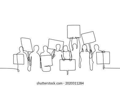 multitud de manifestantes con carteles - un vector de dibujo de una línea. concepto de manifestación, evento político, resistencia civil, revolucionarios, líderes de la oposición 