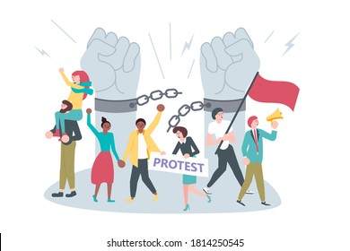 Crowd of protesters standing together, holding flag, banners and voting rights. Multinationality people with different skin color on raised arms fist background. Flat Art Vector Illustration