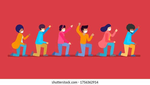 Crowd of protesters take the knee for Black Lives Matter movement. Group of masked people of different nationalities kneel express solidarity. Peaceful protest. Vector flat illustration