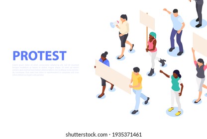 A crowd of protesters is walking holding blank posters. People are politically and socially active. Flat vector isometric illustration.