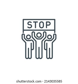crowd of protesting activists at demonstrate single line icon isolated on white. Perfect outline symbol strike of group people against the war. rebels and insurgents element with editable Stroke line