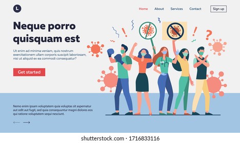 Crowd protesting against coronavirus. People wearing medical masks, holding placards with stop virus sign. Vector illustration for quarantine, society, health protection campaign concept