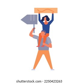 Crowd protesting banner placard composition with faceless human characters on blank background vector illustration