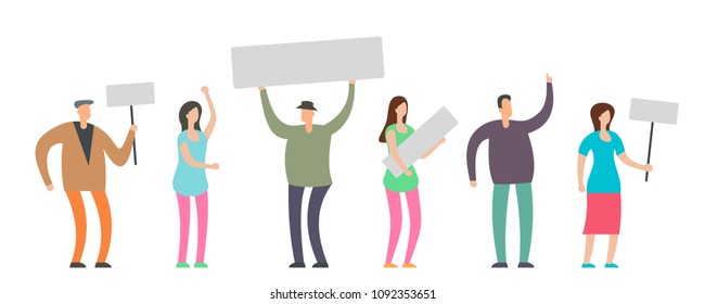 Crowd of protesting men and women with empty banners. Voting students at demonstration. Political meeting and protest vector concept isolated on white. People crowd with banners, group protester 