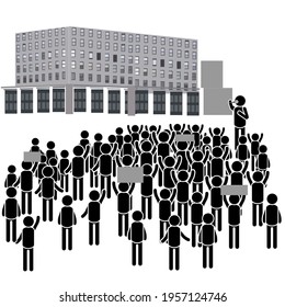 Crowd Protesting Outside. Stick Figure Pictogram Icon. Vector Illustration