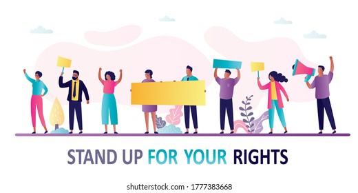 Crowd of protesting people. African american men and women with placards and signs. Protest for Human rights . Democratic freedoms, peaceful protest. Horizontal banner. Flat vector illustration