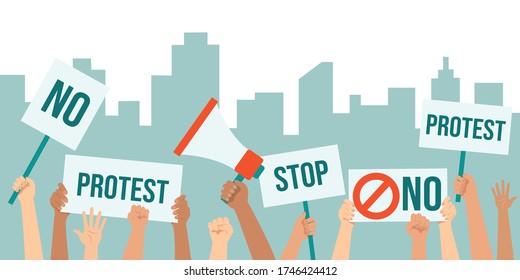 A crowd of protesting people with banners and demands. Raised up hands. Concept of demonstration, rally, protest, strike, picket. Flat vector illustration.