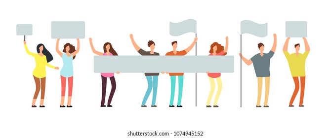 Crowd of protesting people with banners, flags. Voting students at demonstration. Political meeting and protest vector concept isolated. People crowd with flag, group protester illustration