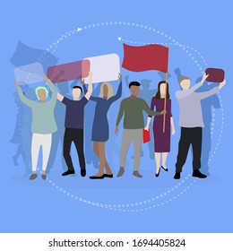 Crowd protesting people with banners and placards. Man woman in political meeting, parade and rally. Male female protesters activists. Vector illustration