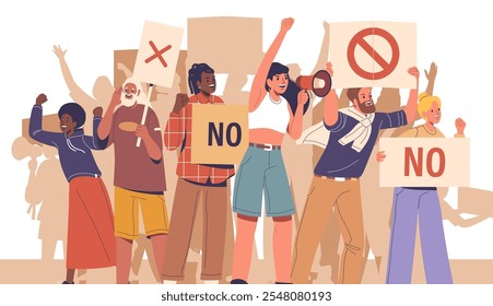 Multidão de pessoas em protesto desenhando personagens segurando cartazes com faixas gritando em megafone