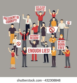 Crowd protesting people composition with expressive demanding men women with flags placards on grey background vector illustration