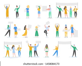 Multitud de manifestantes sosteniendo pancartas y carteles. Personajes de hombres y mujeres en reuniones políticas, desfile o manifestación. Grupo de manifestantes o activistas hombres y mujeres. Ilustración del vector