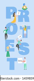 Crowd of protesting people holding banners and placards. Men and women characters on political meeting, parade or rally. Group of male and female protesters or activists. Vector illustration