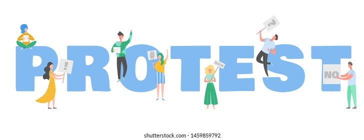 Crowd of protesting people holding banners and placards. Men and women characters on political meeting, parade or rally. Group of male and female protesters or activists. Vector illustration