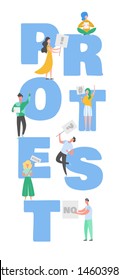 Crowd of protesting people holding banners and placards. Men and women characters on political meeting, parade or rally. Group of male and female protesters or activists. Vector illustration