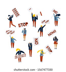 Crowd of protesting people holding banners and placards - stop, no . Men and women taking part in political meeting orparade. Group of male and female protesters or activists. Vector illustration.