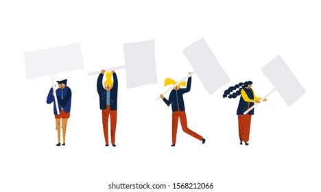 Crowd of protesting people holding banners and placards. Men and women taking part in political meeting, parade or rally. Group of male and female protesters or activists. Vector illustration.