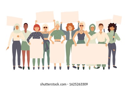 Crowd of protesting people holding banners and placards. Men and women taking part in political meeting, parade or rally. Group of male and female protesters or activists. Vector illustration.